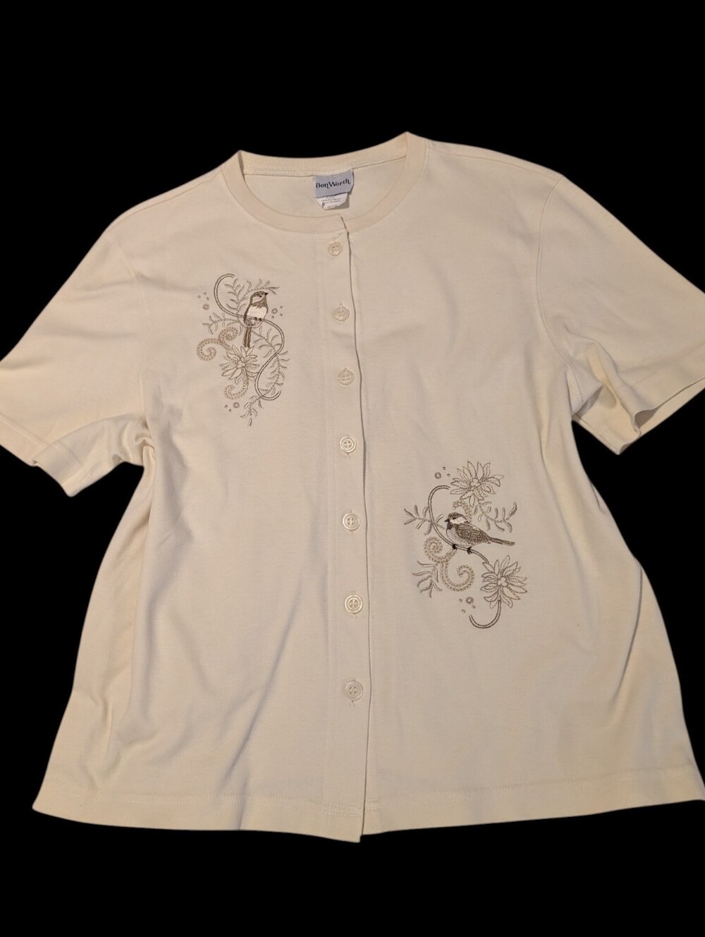 Vintage BonWorth Cream Embroidered Bird Cardigan Short Sleeve Top Sz L Petite